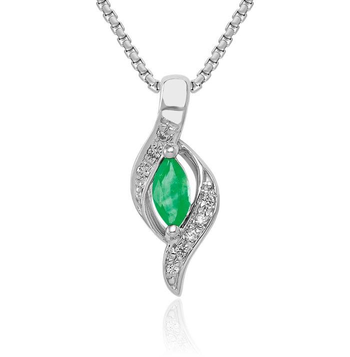 14K Solid White Gold Diamond Marquise Green Emerald Necklace Charm Gemstone Pendant