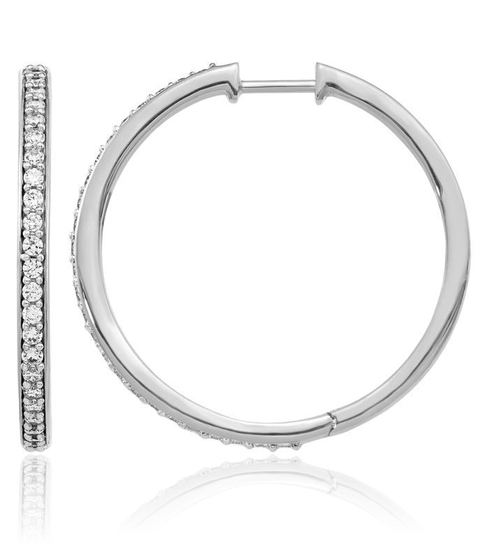 14K Solid White Gold Diamond Medium Hoop Earrings