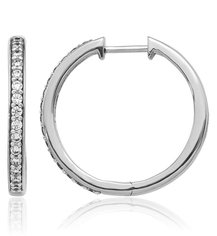 14K Solid White Gold Diamond Medium Hoop Earrings