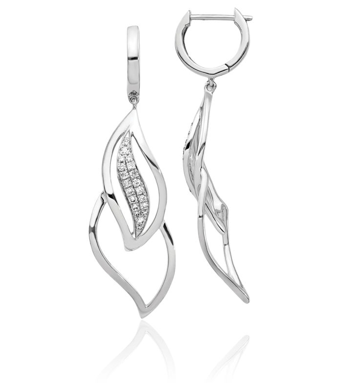 14K Solid White Gold Diamond Medium Huggie Hoop Leaf Drop Dangle Earrings
