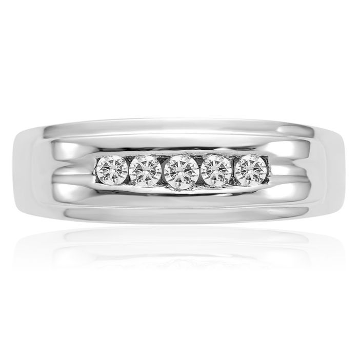 14K Solid White Gold Diamond Mens 5 Stone Ring