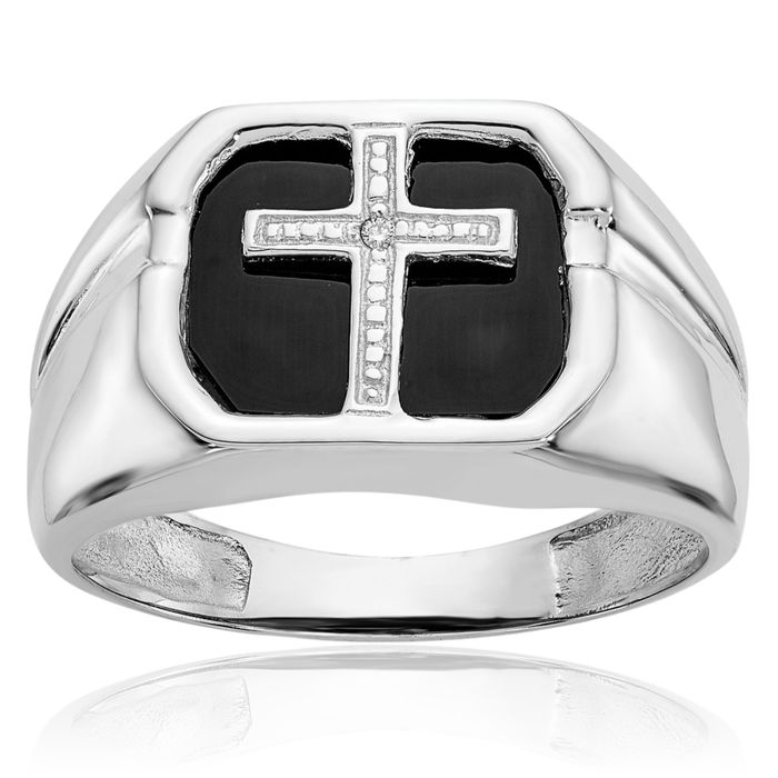 14K Solid White Gold Diamond Black Onyx Mens Ring