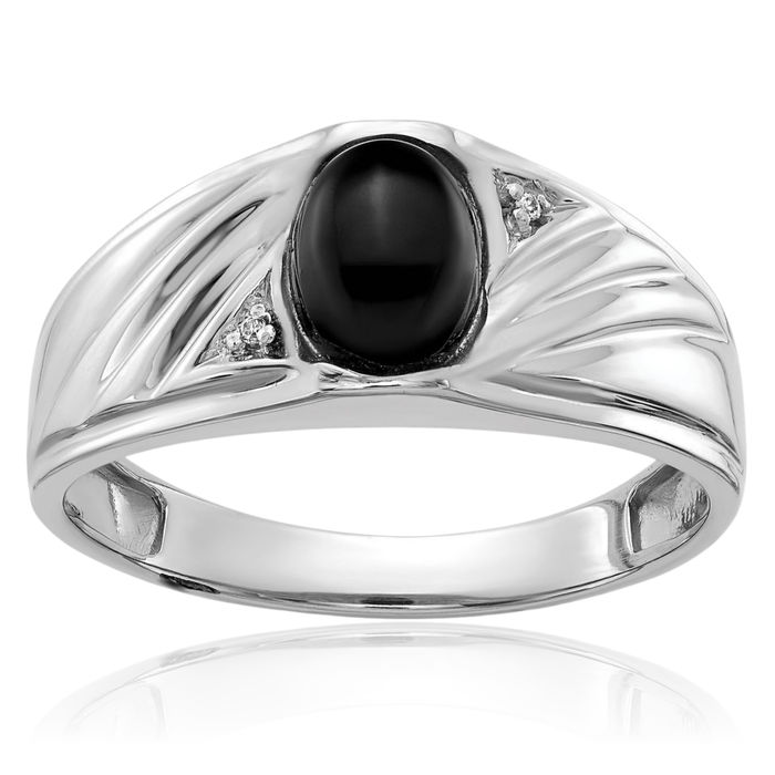 14K Solid White Gold Diamond Black Onyx Mens Statement Ring