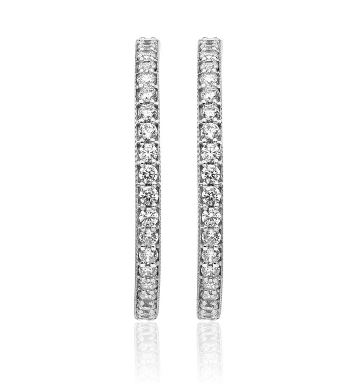 14K Solid White Gold Diamond Milgrain Medium Hoop Earrings
