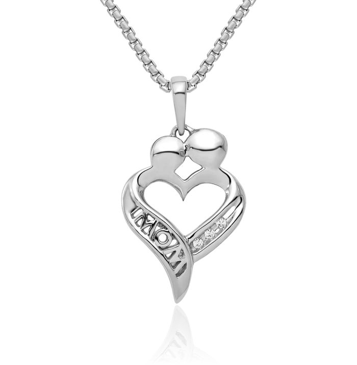 14K Solid White Gold Diamond Mom Heart Necklace Mama Charm Mother Pendant