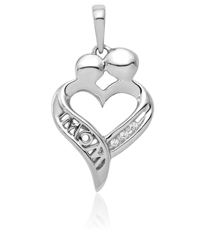 14K Solid White Gold Diamond Mom Heart Necklace Mama Charm Mother Pendant