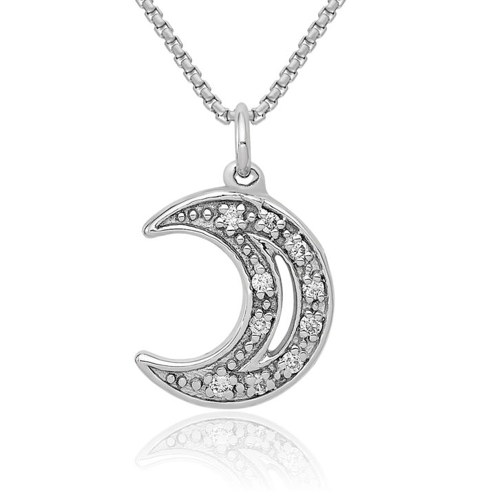 14K Solid White Gold Diamond Crescent Moon Necklace Chain Pendant Charm Celestial Jewelry