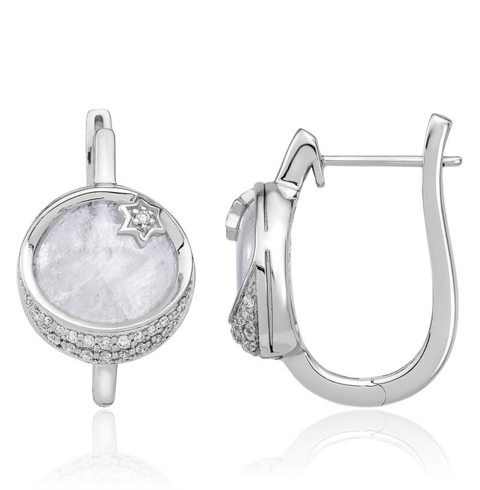 14K Solid White Gold Diamond Moonstone Crescent Moon Star Medium Huggie Hoop Drop Dangle Earrings Celestial Jewelry