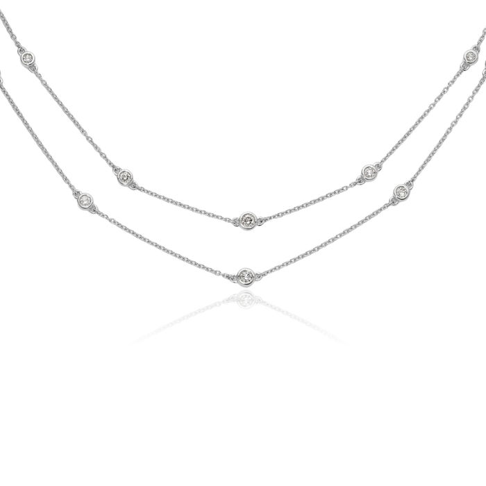 14K Solid White Gold Diamond Multi Station Double Strand Chain Necklace