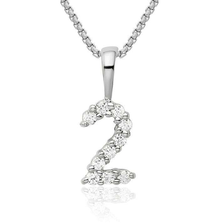 14K Solid White Gold Diamond Number 2 Necklace Chain Pendant Charm
