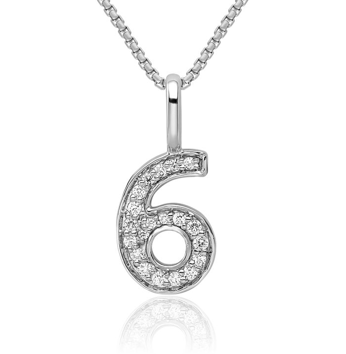 14K Solid White Gold Diamond Number 6 Necklace Chain Pendant Charm
