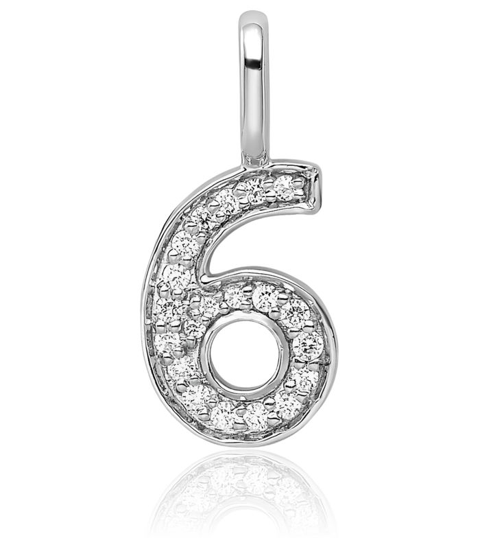 14K Solid White Gold Diamond Number 6 Necklace Chain Pendant Charm