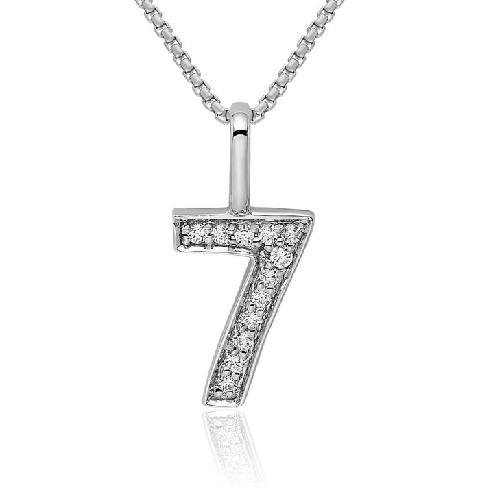 14K Solid White Gold Diamond Number 7 Necklace Chain Pendant Charm