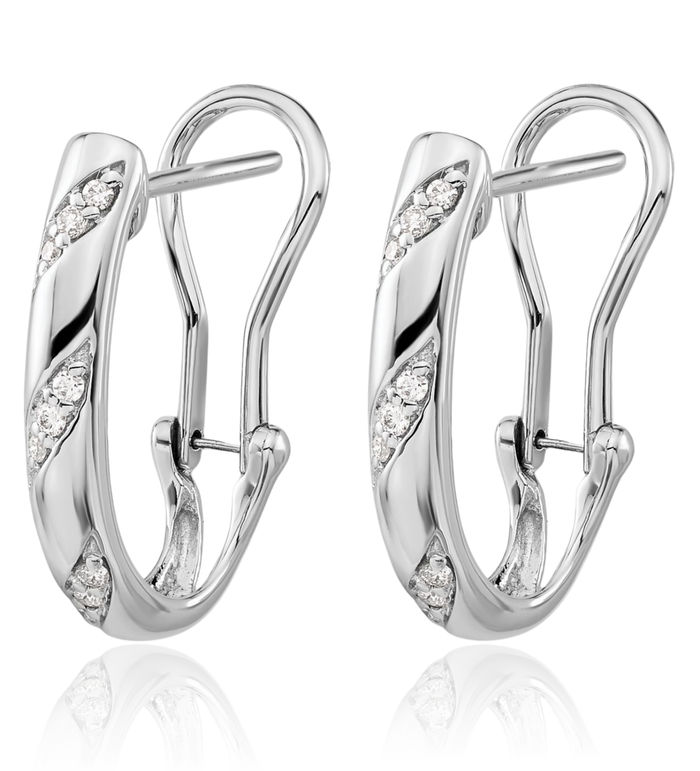 14K Solid White Gold Diamond Omega Clip Back Post Medium Hoop Earrings