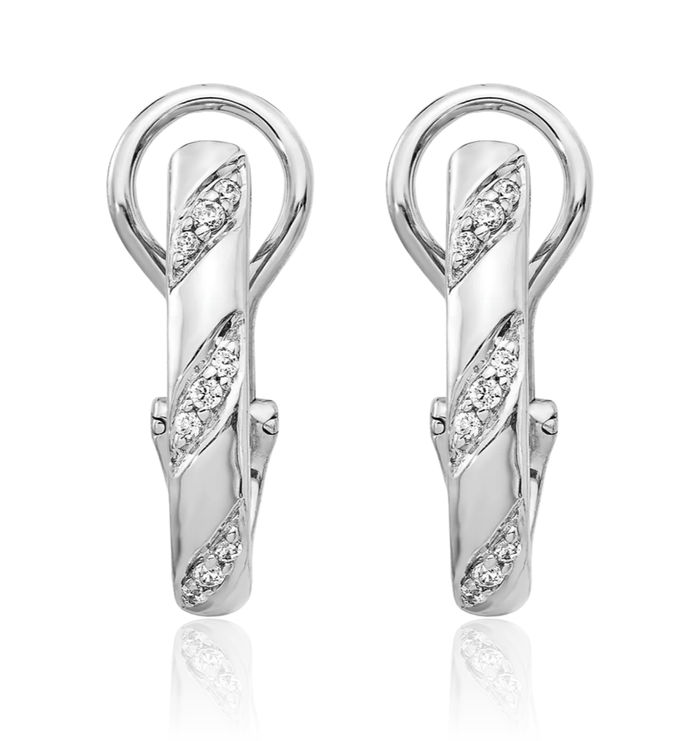 14K Solid White Gold Diamond Omega Clip Back Post Medium Hoop Earrings