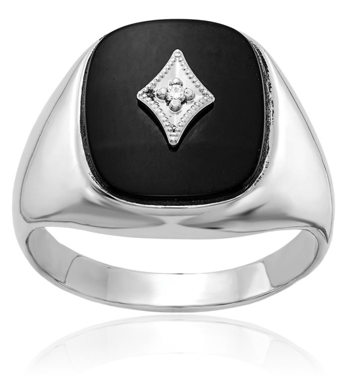 14K Solid White Gold Diamond Black Onyx Mens Statement Ring