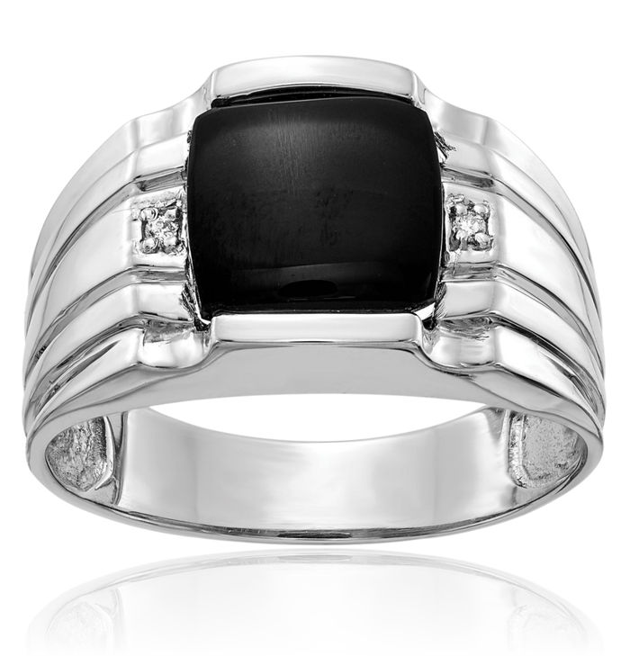 14K Solid White Gold Diamond Black Onyx Mens Statement Ring