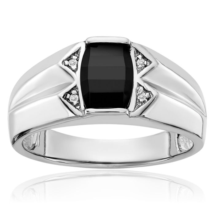 14K Solid White Gold Diamond Black Onyx Mens Statement Ring