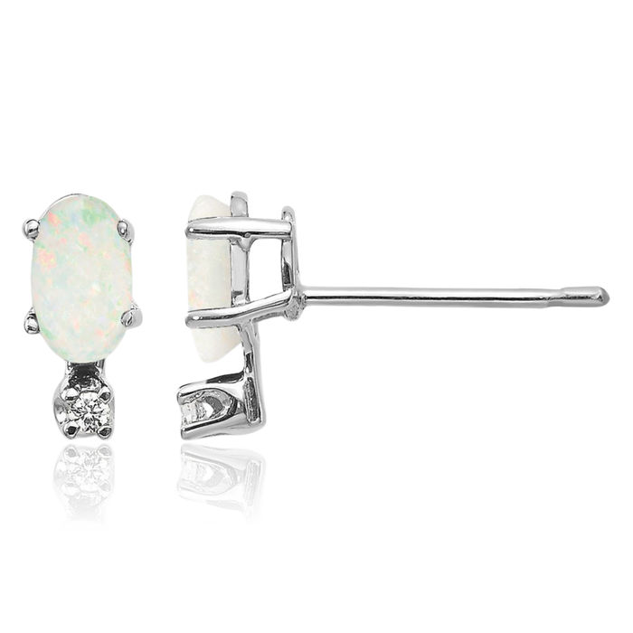 14K Solid White Gold Diamond Opal Stud Earrings Gemstone Post Push Back April October Birthstone Jewelry