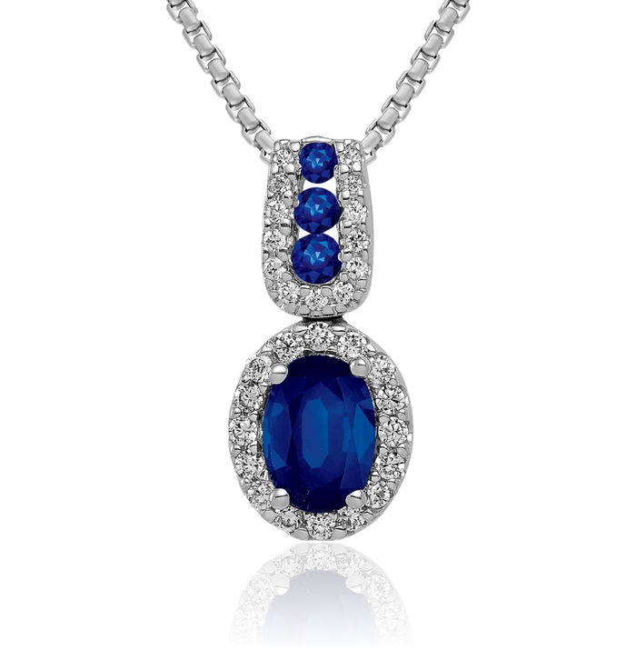 14K Solid White Gold Diamond Oval Blue Sapphire Halo Necklace Gemstone Pendant Charm