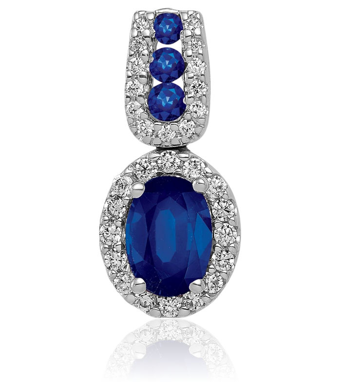 14K Solid White Gold Diamond Oval Blue Sapphire Halo Necklace Gemstone Pendant Charm