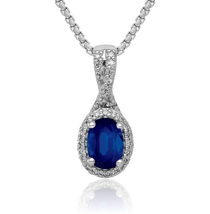 14K Solid White Gold Diamond Oval Blue Sapphire Halo Necklace Gemstone Pendant Charm