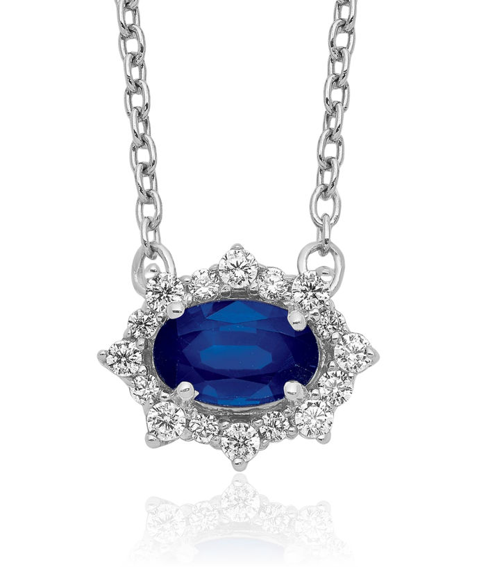 14K Solid White Gold Diamond Oval Blue Sapphire Necklace Chain Gemstone Pendant Charm