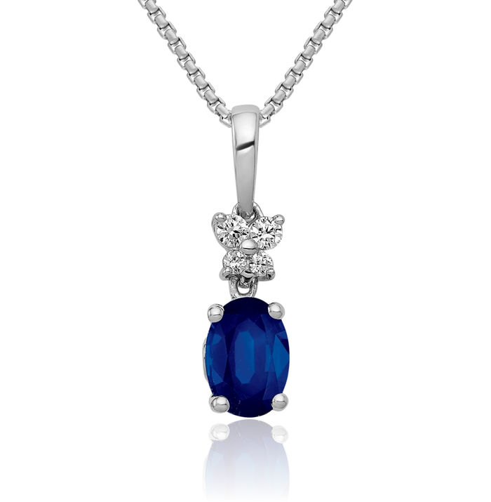 14K Solid White Gold Diamond Oval Blue Sapphire Necklace Gemstone Pendant Charm