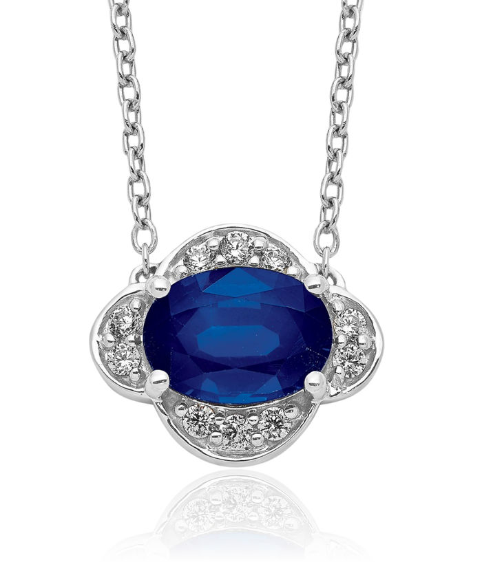 14K Solid White Gold Diamond Oval Blue Sapphire Necklace Chain Gemstone Pendant Charm