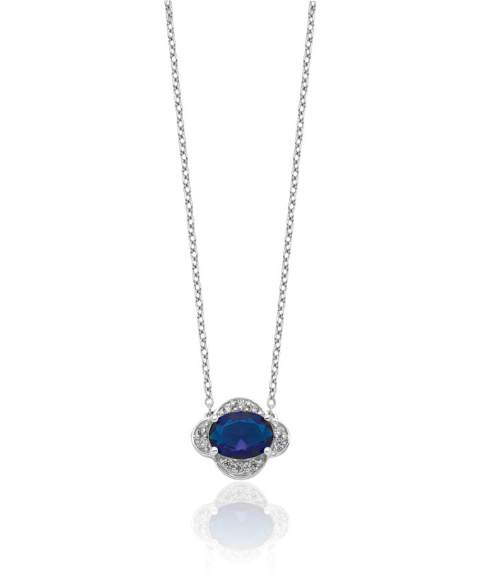 14K Solid White Gold Diamond Oval Blue Sapphire Necklace Chain Gemstone Pendant Charm