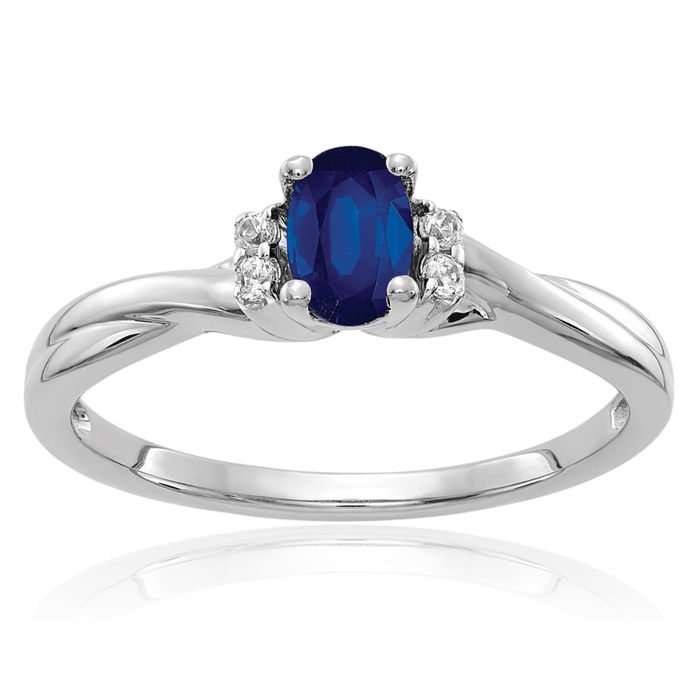 10K Solid White Gold Diamond Oval Blue Sapphire Ring Gemstone Band