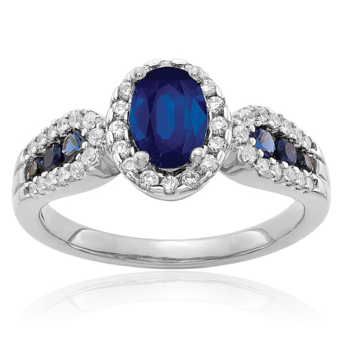 14K Solid White Gold Diamond Oval Blue Sapphire Ring Gemstone Band September Birthstone Jewelry
