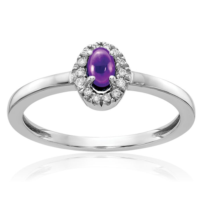 14K Solid White Gold Diamond Oval Cabochon Purple Amethyst Ring Gemstone Band February Birthstone Jewelry