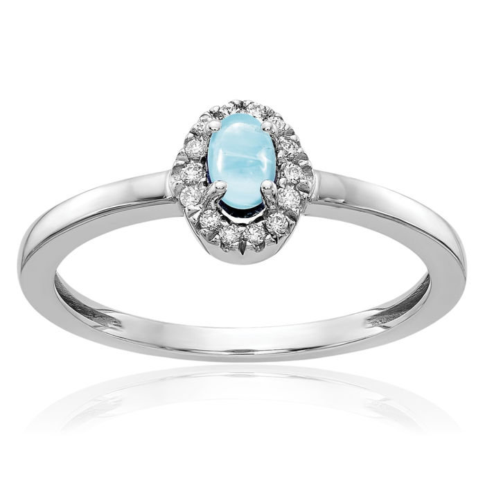 14K Solid White Gold Diamond Oval Cabochon Blue Aquamarine Ring Gemstone Band March Birthstone Jewelry