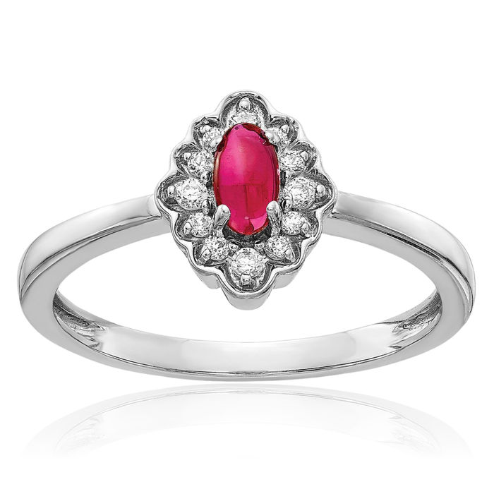 14K Solid White Gold Diamond Oval Cabochon Red Ruby Ring Gemstone Band July Birthstone Jewelry
