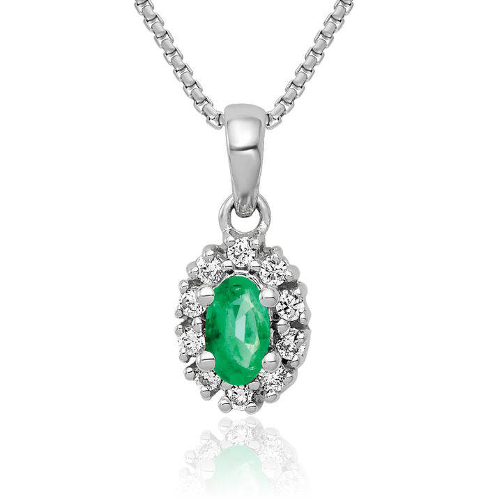 14K Solid White Gold Diamond Oval Green Emerald Halo Necklace Gemstone Pendant Charm