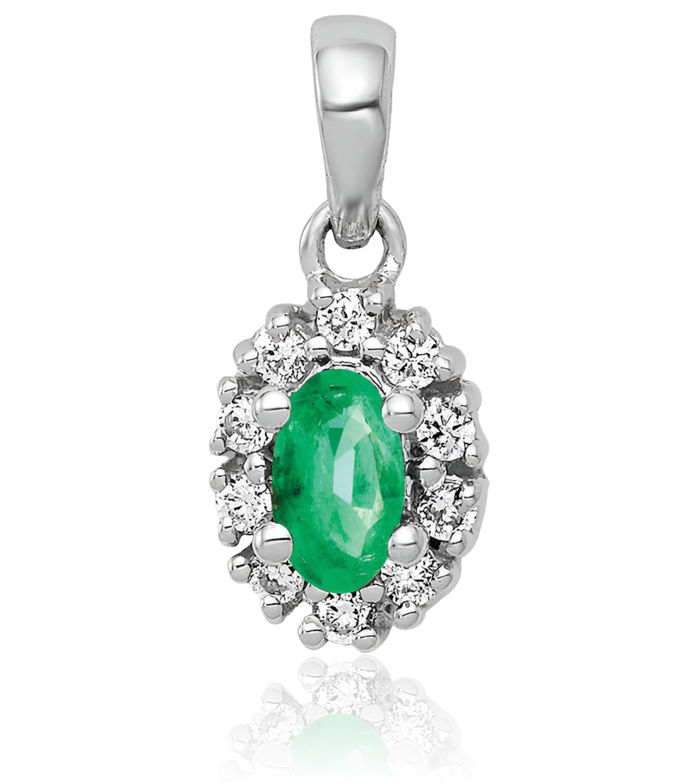 14K Solid White Gold Diamond Oval Green Emerald Halo Necklace Gemstone Pendant Charm