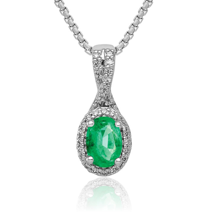 14K Solid White Gold Diamond Oval Green Emerald Halo Necklace Gemstone Pendant Charm