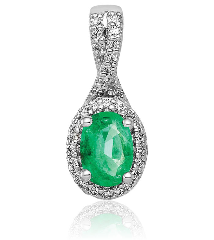 14K Solid White Gold Diamond Oval Green Emerald Halo Necklace Gemstone Pendant Charm