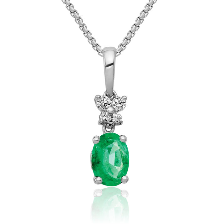 14K Solid White Gold Diamond Oval Green Emerald Necklace Gemstone Pendant Charm