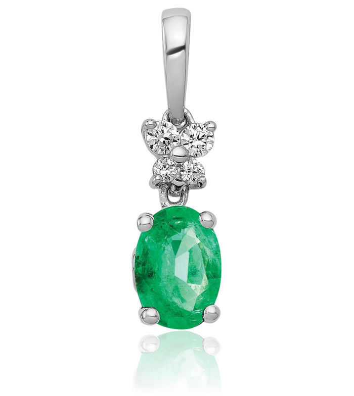 14K Solid White Gold Diamond Oval Green Emerald Necklace Gemstone Pendant Charm