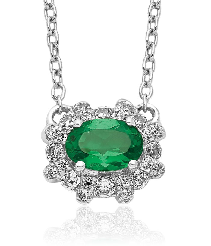 14K Solid White Gold Diamond Oval Green Emerald Necklace Chain Gemstone Pendant Charm