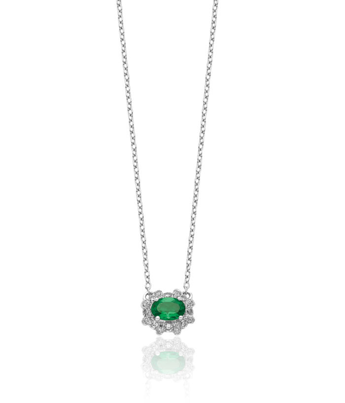 14K Solid White Gold Diamond Oval Green Emerald Necklace Chain Gemstone Pendant Charm