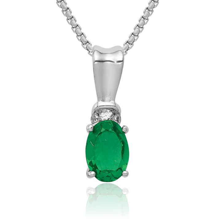 14K Solid White Gold Diamond Oval Green Emerald Necklace Gemstone Pendant Charm