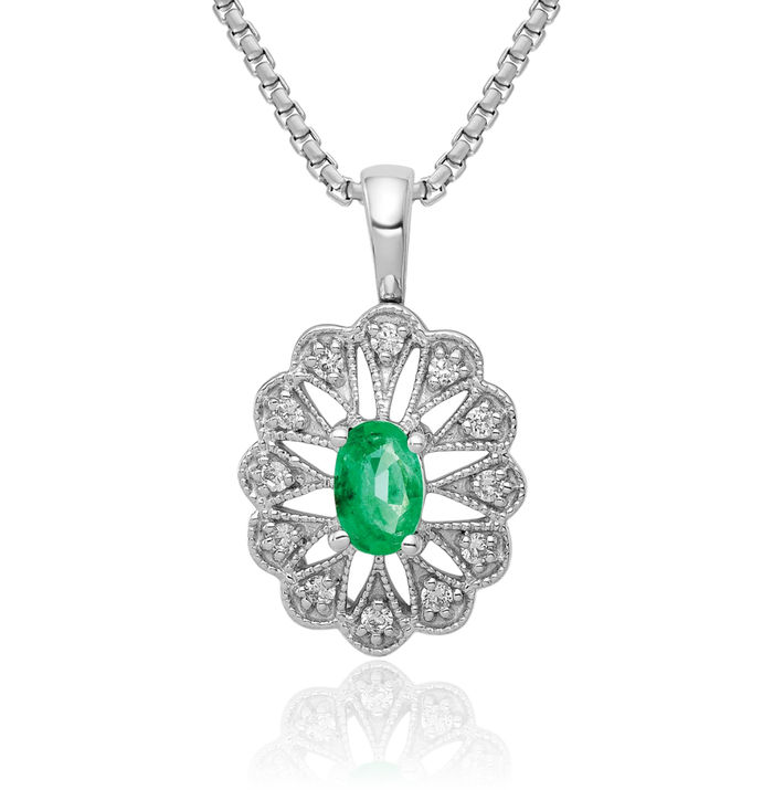 14K Solid White Gold Diamond Oval Green Emerald Necklace Gemstone Pendant Charm May Birthstone Jewelry