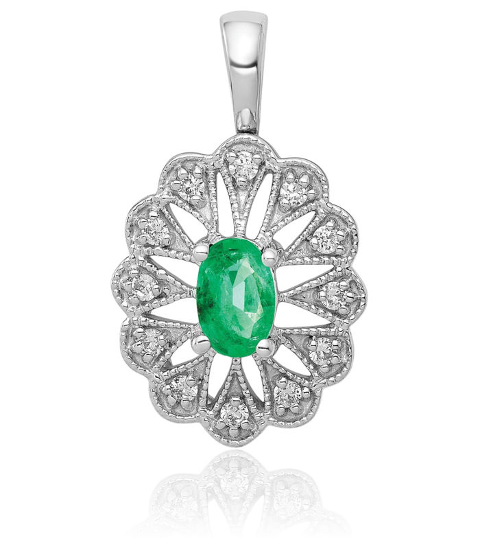 14K Solid White Gold Diamond Oval Green Emerald Necklace Gemstone Pendant Charm May Birthstone Jewelry