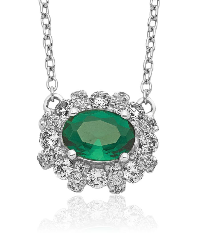 14K Solid White Gold Diamond Oval Green Emerald Necklace Chain Gemstone Pendant Charm