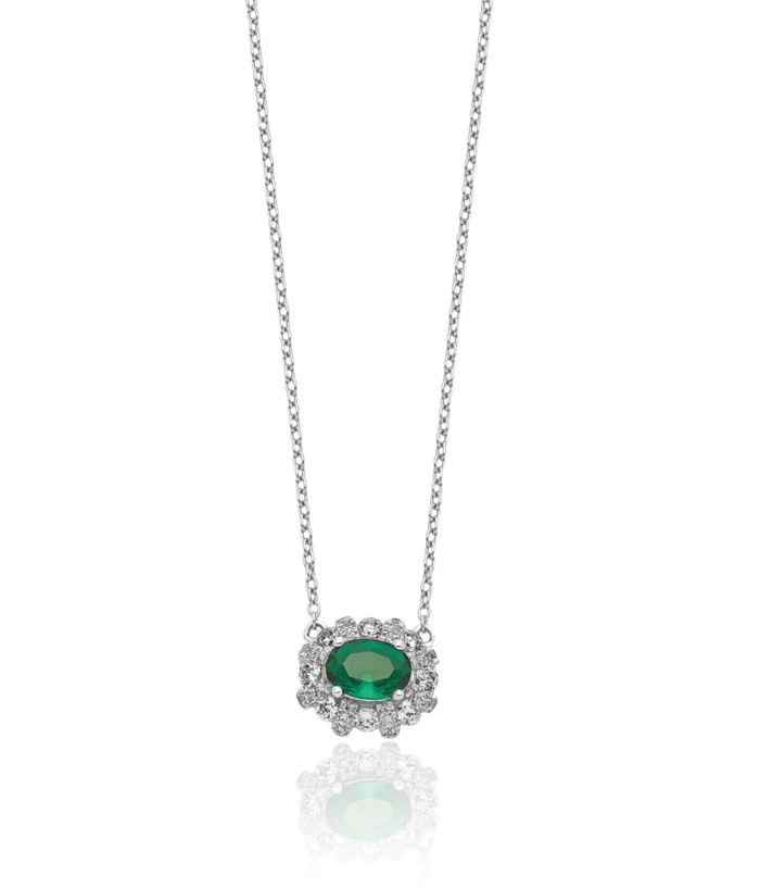 14K Solid White Gold Diamond Oval Green Emerald Necklace Chain Gemstone Pendant Charm