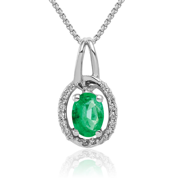 14K Solid White Gold Diamond Oval Green Emerald Necklace Gemstone Pendant Charm