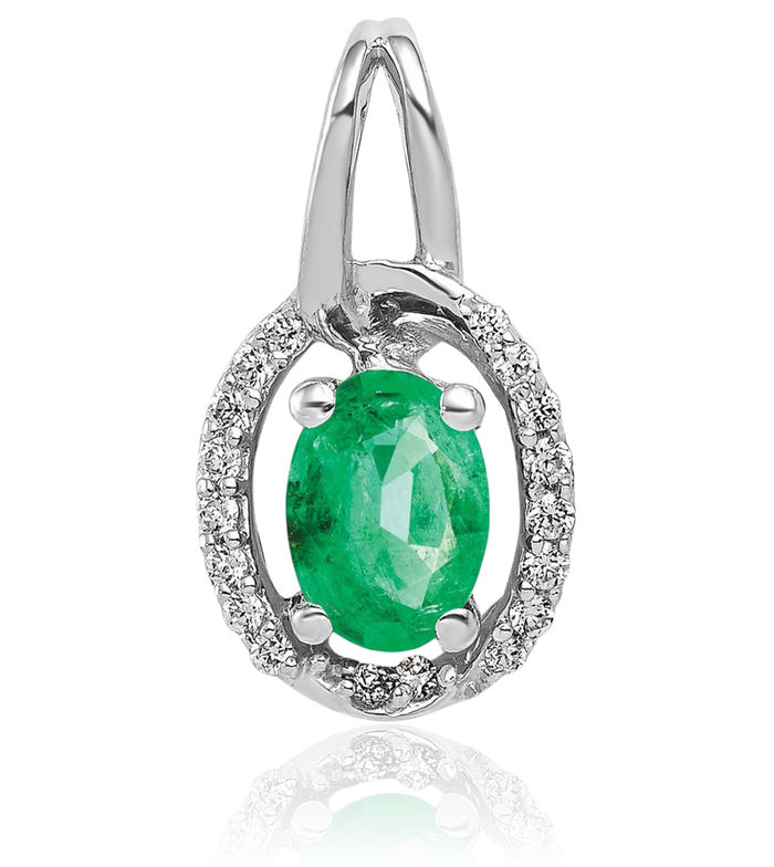 14K Solid White Gold Diamond Oval Green Emerald Necklace Gemstone Pendant Charm